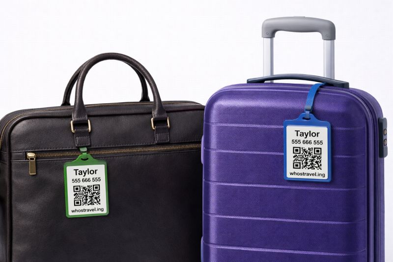 QR tag on leather bag and suitcase - whostravel.ing