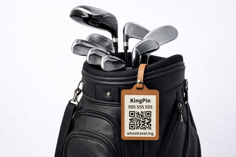QR tag on golf bag with clubs - whostravel.ing
